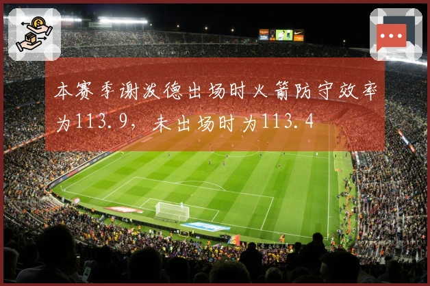 本赛季谢泼德出场时火箭防守效率为113.9，未出场时为113.4