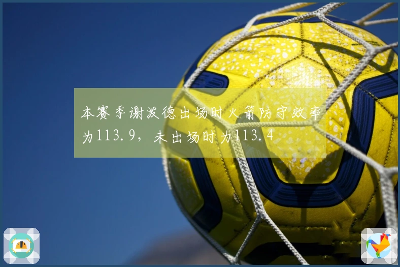 本赛季谢泼德出场时火箭防守效率为113.9，未出场时为113.4